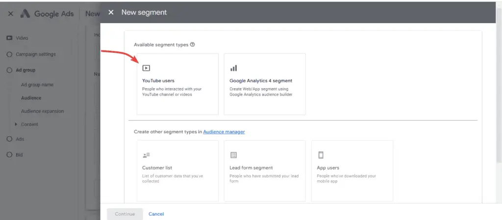 In the Audience section, click Audiences and select Remarketing and Similar Audiences for YouTube retargeting ads