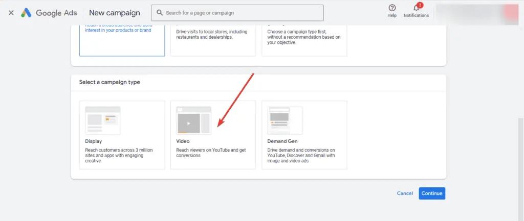 Select Video as the campaign type for YouTube retargeting ads