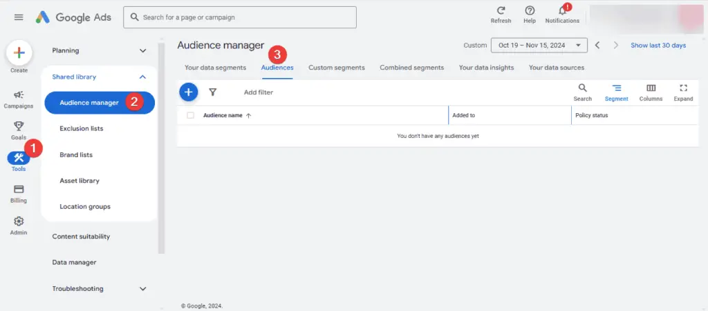 Then go to audience manager and select audience for YouTube retargeting ads